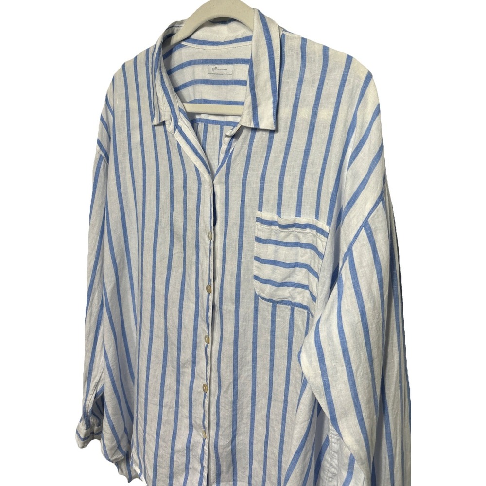J. Jill Love Linen Long Sleeve Striped Button Front Top Blue‎ White Size L Beach - Picture 2 of 11